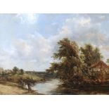 Unsigned, late Victorian oil on board, river landscape, unframed, pleasing 20thc wide wood frame, 25