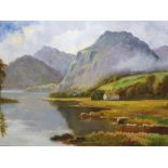 Large unsigned, Edwardian oil on relined canvas "Highland Loch on a calm sunny day", in ornate