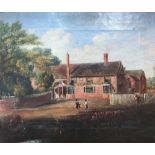 Unsigned mid Victorian naive school oil on canvas, "Figures before a canal side building", modern