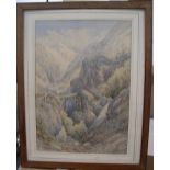 Large R C Moore 1898 watercolour "Figures crossing Alpine bridge, St Gothard", signed and dated,