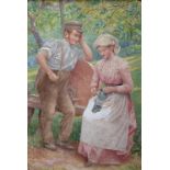 Indistinctly monogramed 1898 watercolour of a working man and woman, thin modern frame and mount, 34