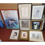 8 portraits in various mediums including 2 graphite, oils, watercolours and 1 Goetham print of