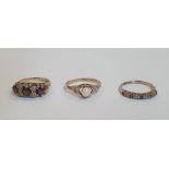 3 9ct yellow gold rings, Garnet, Ruby & diamond and a central pearl flanked by 2 diamonds (3), Total