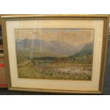 Large W Stofford, late Victorian watercolour "Angler in extensive country river landscape",