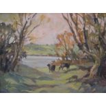 Unsigned, mid 20thC French impressionist oil on card, "Cows in country landscape, thin wood frame,