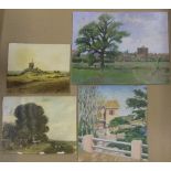 4 landscape oils on board, by different artists, all unframed, Smallest 20 x 36 cm, largest 30 x