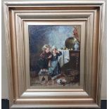 Indistinctly signed, c1900 oil on canvas, "The broken vase" in original frame, 30 x 25 cm