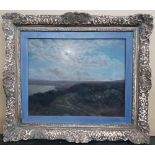 Unsigned, circa 1900 large oil on canvas "Moonlit view towards the coast" in quality period frame,