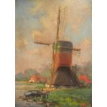 Indistinctly signed, early 20thC oil on board, "Dutch country scene with windmill", framed, 20 x