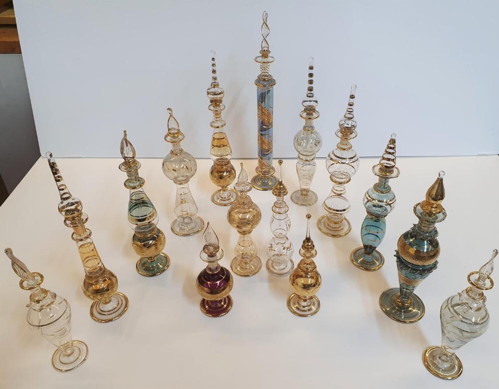 Collection of small decorative, hand-blown Egyptian glass perfume bottles (15)