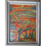 Large indistinctly signed 1989 palette knife abstract oil on board, , painted wood frame, 51 x 72 cm