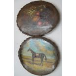 Pair of early 20thC oils on thick wood, 1 depicting a racehorse, the other, still-life with fruit,