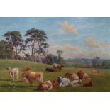 Indistinctly signed, Edwardian landscape "Herd of cows in field", moulded frame, 24 x 35 cm