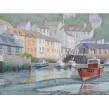 J A Pusey 2004 acrylic "Polperro harbour at low tide", signed & dated, thin frame and wash mount, 25