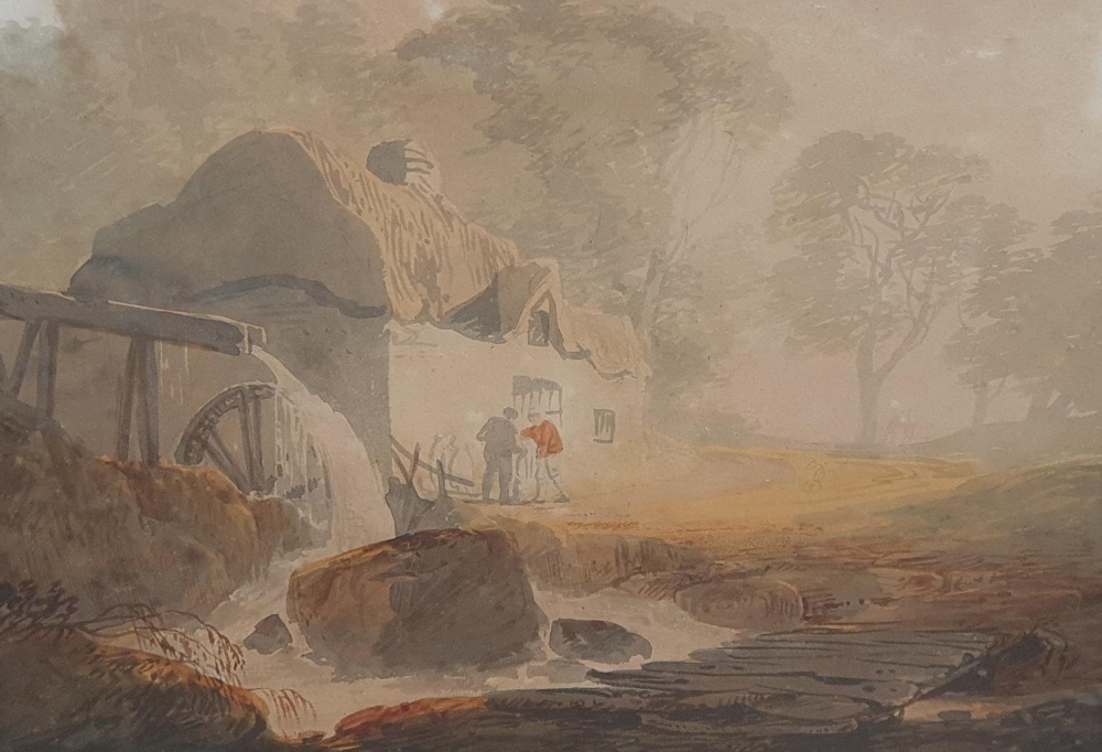 19thC watercolour of a country cottage, bears signature "Thos Gainsborough" in verre eglomise type