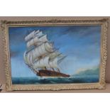 Large, 20c, oil on board, depicting a Frigate on the sea indistinctly signed to bottom right,