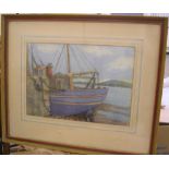 H P Garland, watercolour "Fishing boat in dry dock", signed, thin wood frame, 27 x 38 cm