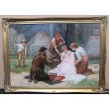 Large, indistinctly signed 1893 oil "The blanket salesman", signed & dated, framed, 55 x 80 cm