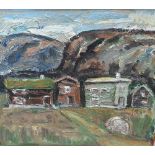 Indistinctly signed 1945 modernist oil on board, "Houses in landscape", signed and dated, wood