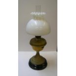 Ebonised wood & brass base with milk glass shade Victorian oil lamp, 60 cm high