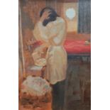 Attributed to Paul Lucien MAZE (1887-1979) oil on card, "Lady in bedroom getting ready", bears cut