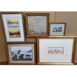 Collection of 4 small 19th & 20thC watercolours and 1 unsigned beach scene oil, all framed (5)