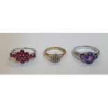3 9ct gold rings which include a white gold set with 3 large amethysts & diamond chips to the