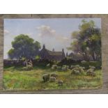 George Hamilton CONSTANTINE (1878-1967) watercolour, Flock of sheep before the farmhouse, signed,