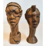 Pair of Nigerian wood carvings and a large ebony wood head carving lamp (no wiring), The pair