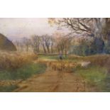 Henry Charles FOX (1855-1929) 1919 watercolour "Shepherd & flock on country road", signed & dated,