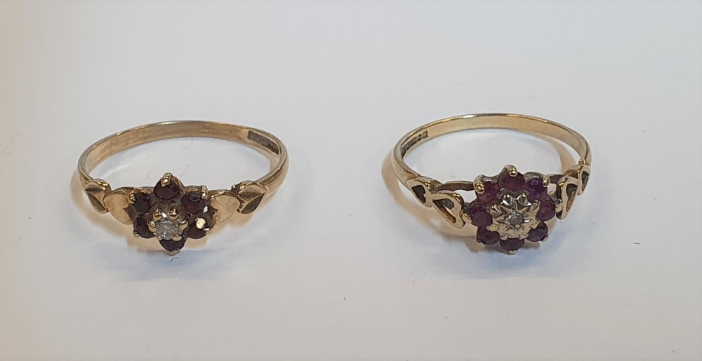 2 9ct yellow gold Ruby and diamond flower rings (2), Combined total gross weight is 2.8 grams,