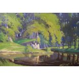 Exhibited, William Lynn Miller 1948 oil on board, "The Mill-pond, Hexham", original labels verso,