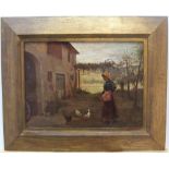 Indistinctly signed 1907 oil on thin wood panel, "Italian peasant lady feeding the chickens", signed