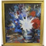 L Parzer, colourful French post-impressionist oil on card, "Vase of flowers, unsigned, framed, 59