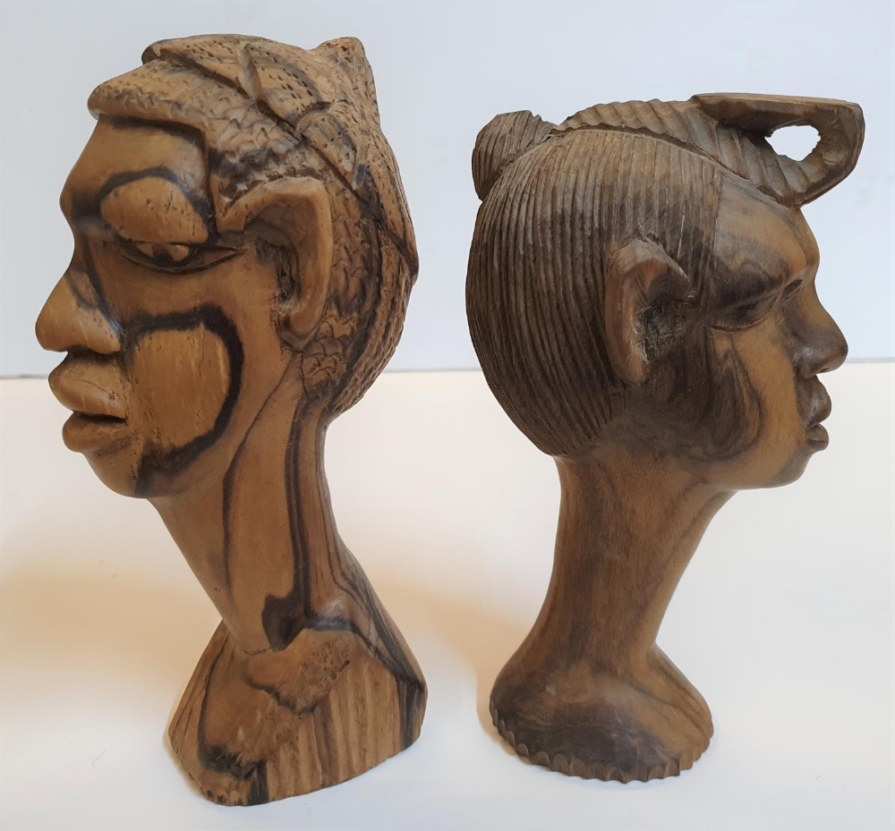 Pair of Nigerian wood carvings and a large ebony wood head carving lamp (no wiring), The pair - Image 3 of 6