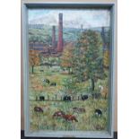 Alan John Porter 1962 folk-art northern oil on canvas, "Country scene with northern town in