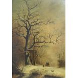 unsigned Victorian oil on board, "Coach and horses in bleak winter landscape", unsigned, original