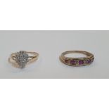2 9ct yellow gold rings, one a diamond and ruby band, the other a diamond cluster (approx 0.29ct),