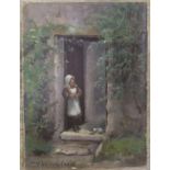 Henry Hadfield CUBLEY (1858-1934) oil on card, "Girl in cottage doorway", signed, unframed, 34 x