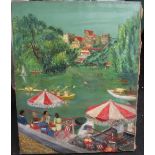 Exhibited, large 1957 oil on canvas, "Regatta on the Marne by Roland Pottier, signed, inscribed &