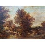 Indistinctly signed, early 19thC oil "Cattle at riverside" - requires some restoration, old plain