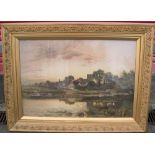 Large antique B W Leader print of a village pond scene in is stunning original gesso frame, The