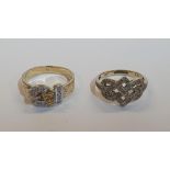 2 yellow gold 9ct rings, one a buckle ring, the other rope twist ring with diamond chips (2),