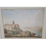 Unsigned 1830 watercolour "Central European buildings beside river", framed and inscribed verso,
