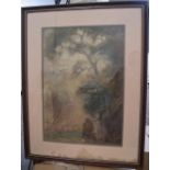 Miss D Hartley 1920s impressionist watercolour "The early morning walk", thin wood frame, 50 x 34 cm