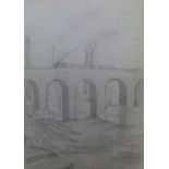 L S Lowry, bears signature, pencil sketch "Viaduct", unframed, 25 x 18 cm