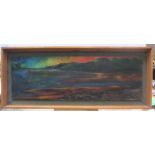 Large modernist oil on board, "Estuary at day-break, initialled D.G., wood framed, 26 x 79 cm