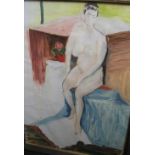 Large unsigned, 1970s, oil portrait of female nude, silver coloured frame and glazed, 68 x 49 cm