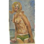 Unsigned 1970s impressionist oil on paper, "The topless blonde", modern wood frame and glazed, 39