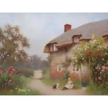 Benjamin D. SIGMUND (1857-1947) watercolour "Young girl & cat before thatched cottage", signed, in